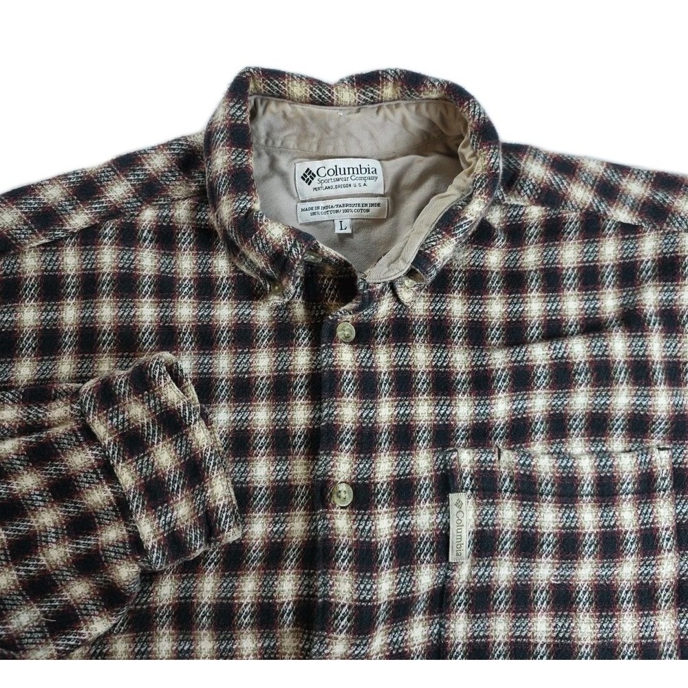 Columbia Men's Sz L Brown Plaid Button Front Long Sleeve Collared Cotton Shirt